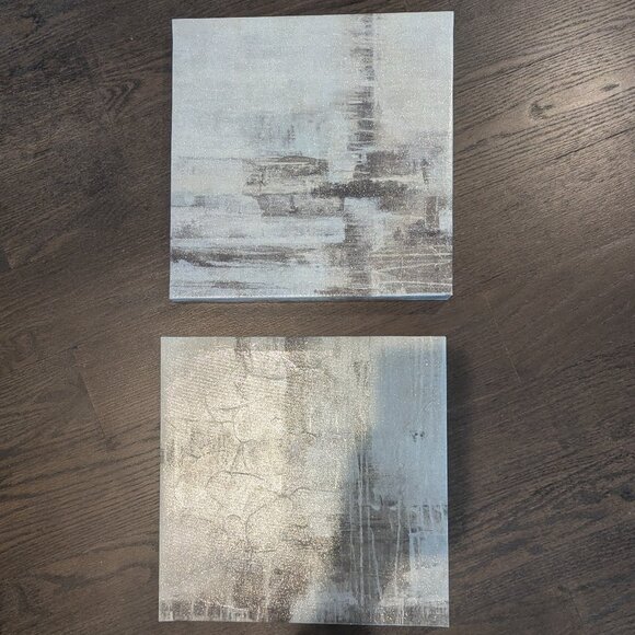 EUC Two 14" Square Wall Art Canvas Pieces Blue and Grey Hues "Viscosity" - Picture 2 of 9